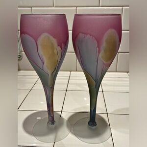 Pair of 80’s Rueven Nouveau Art Glass hand painted wine goblets.